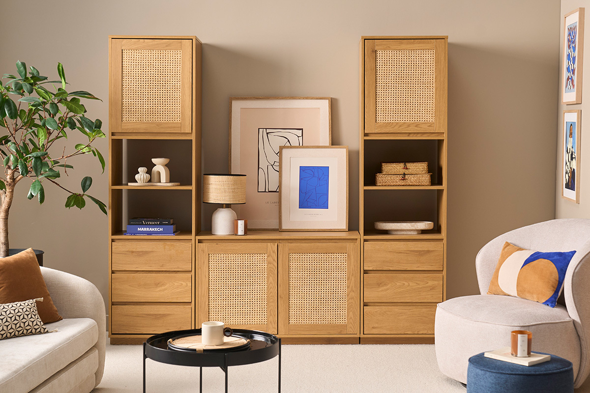 Biblioth�que �tag�re avec rangements finition bois clair ch�ne et cannage rotin L196 cm SEVILLE