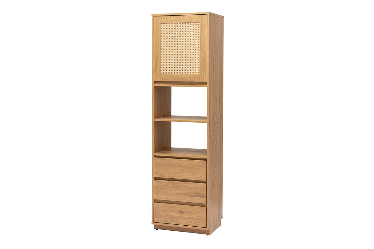 Biblioth�que �tag�re avec rangements finition bois clair ch�ne et cannage rotin L50 cm SEVILLE