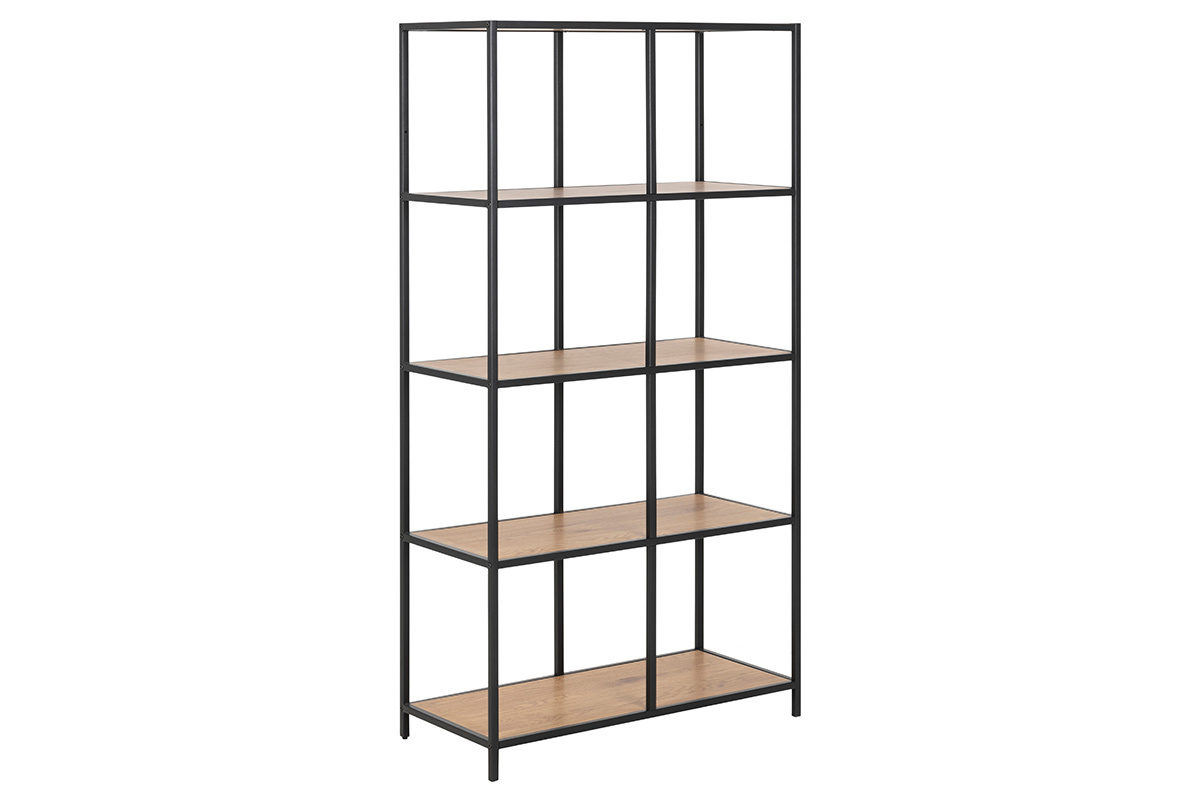 Bibliothque industrielle finition bois chne et mtal noir L77 cm TRESCA
