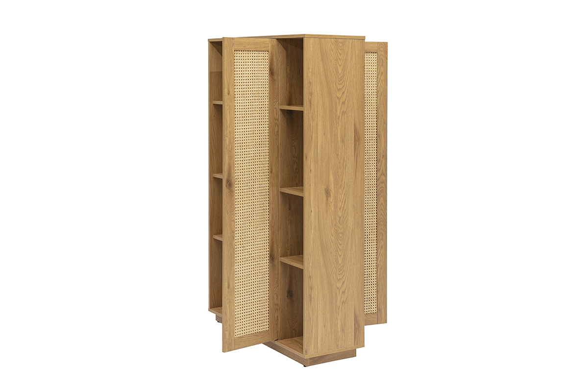 Bibliothque sparatrice avec rangements finition bois clair chne et cannage rotin L100 cm ALICANTE