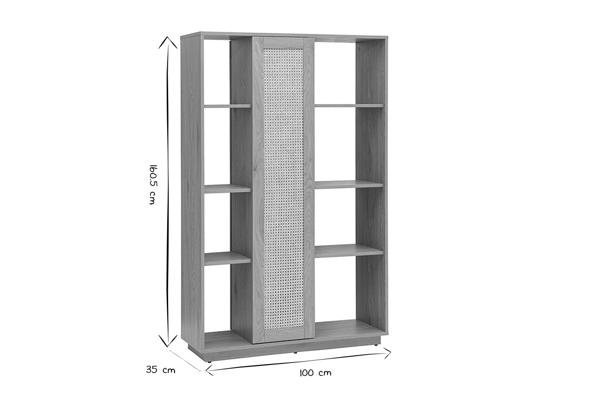 Bibliothque sparatrice avec rangements finition bois clair chne et cannage rotin L100 cm ALICANTE