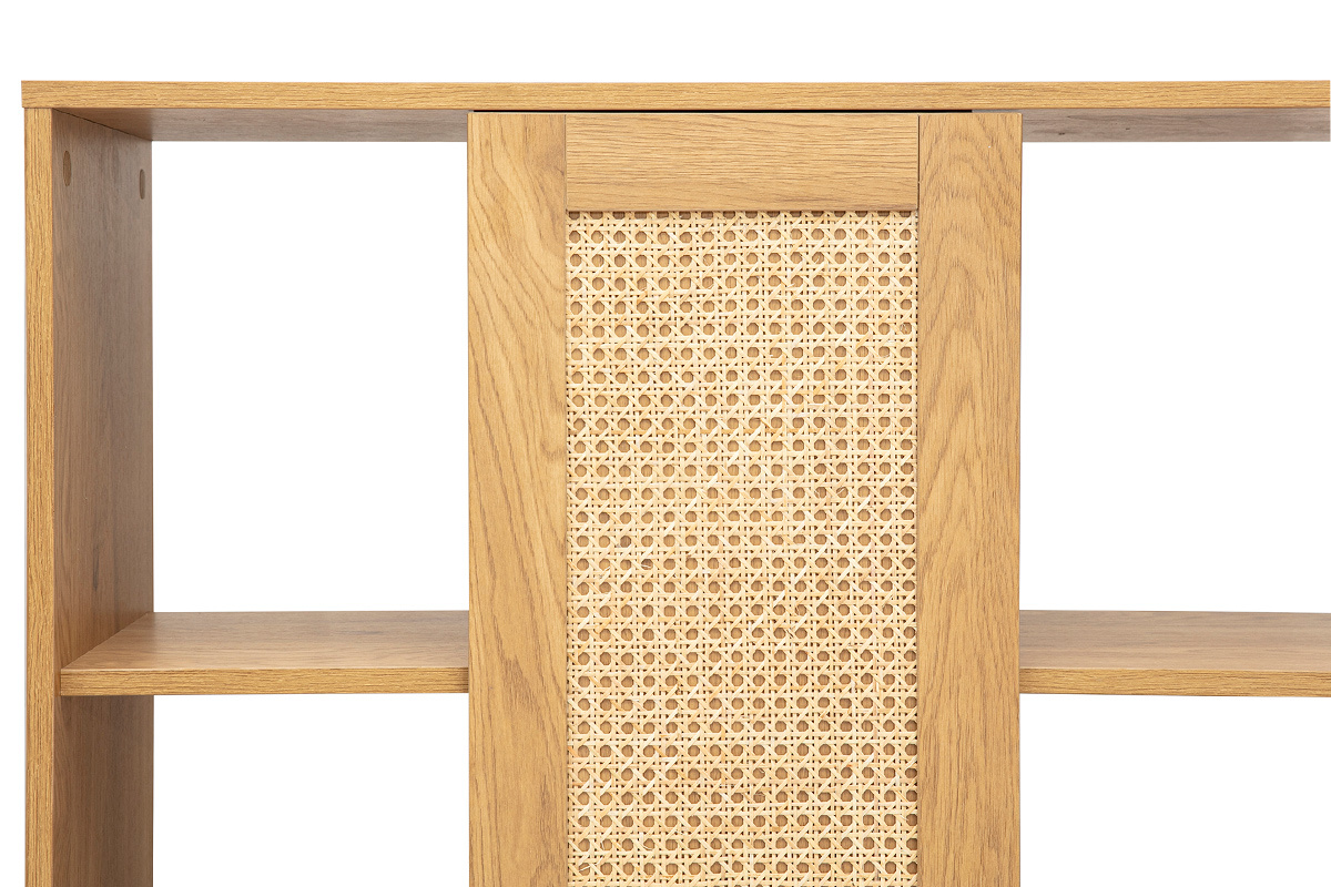 Bibliothque sparatrice avec rangements finition bois clair chne et cannage rotin L100 cm ALICANTE