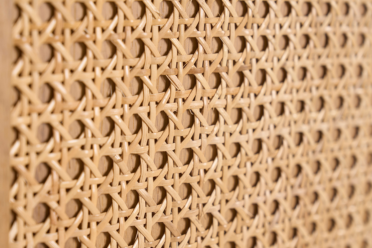 Biblioth�que s�paratrice avec rangements finition bois clair ch�ne et cannage rotin L100 cm ALICANTE