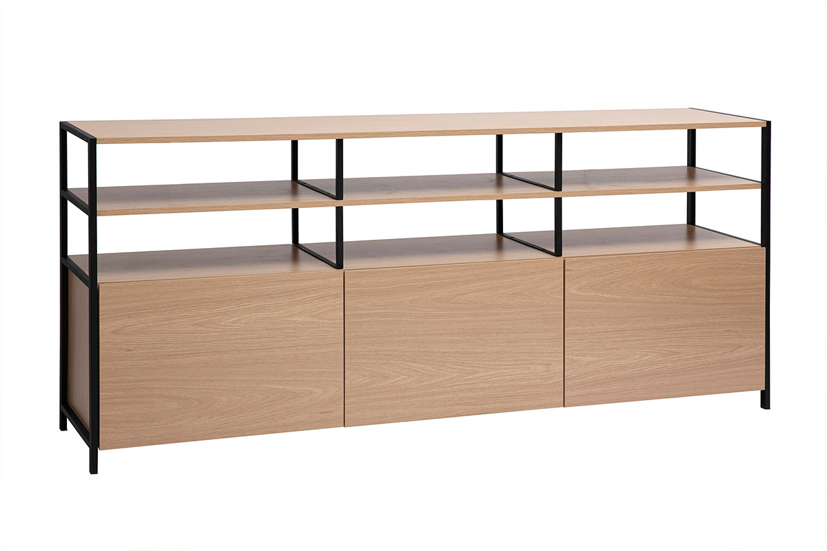 Buffet 3 portes finition bois clair ch�ne et m�tal noir L180 cm MAXENCE