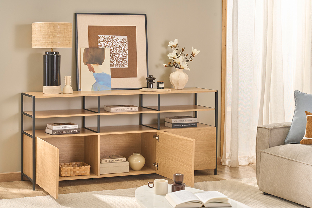 Buffet 3 portes finition bois clair ch�ne et m�tal noir L180 cm MAXENCE