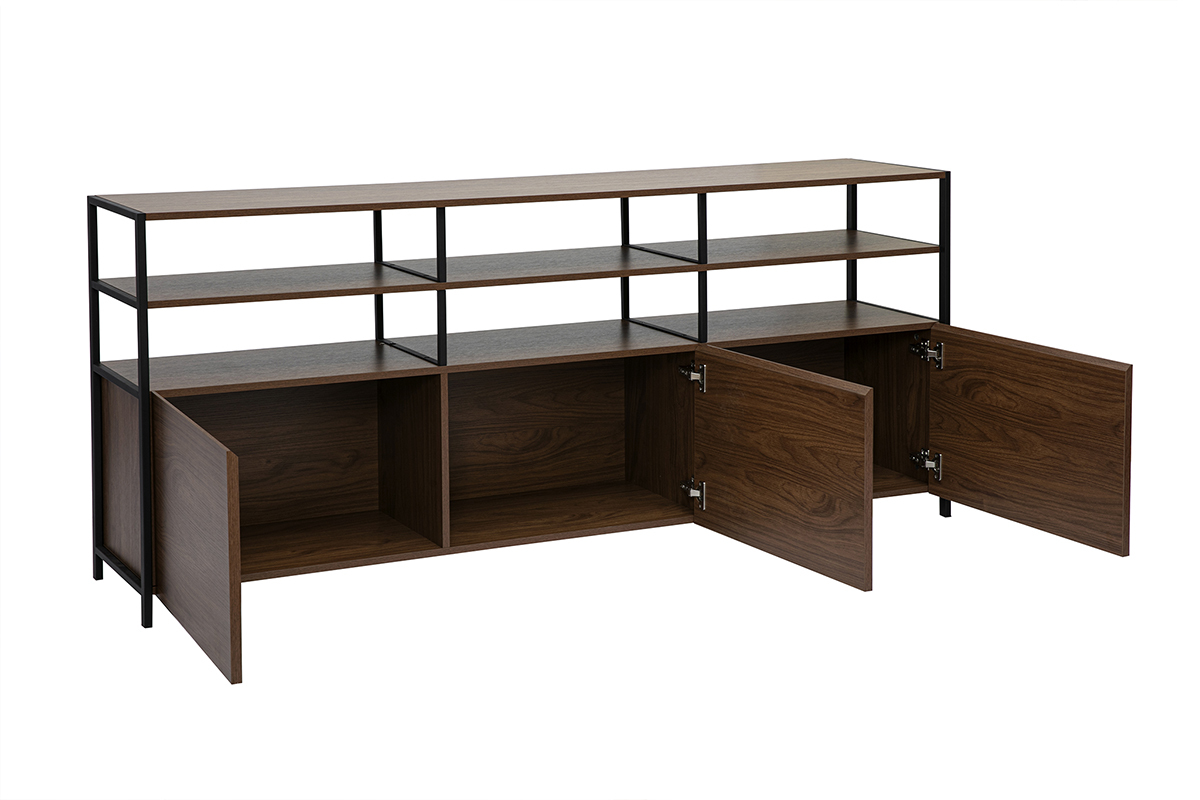 Buffet bas finition bois fonc� noyer et m�tal noir L180 cm MAXENCE