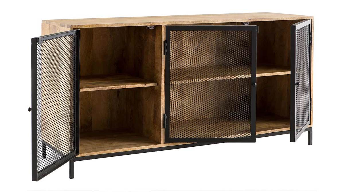 Buffet bas industriel en bois de manguier massif 3 portes mtal noir L145 cm RACK