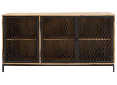 Buffet bas industriel en bois de manguier massif et m&eacute;tal perfor&eacute; RACK