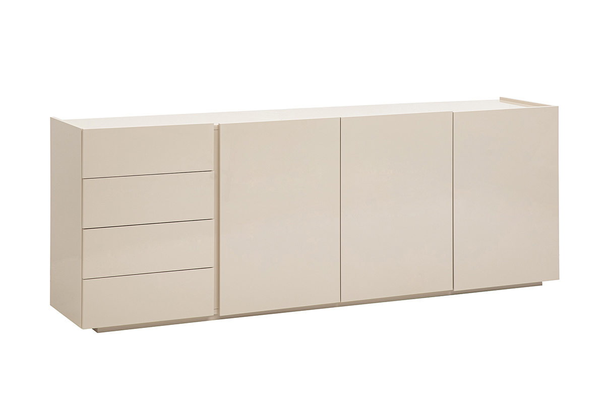 Buffet beige laqu� brillant 3 portes 4 tiroirs L200 cm ISAURE
