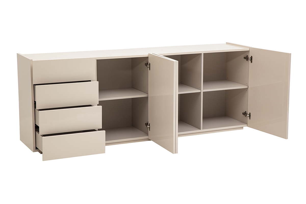 Buffet beige laqu� brillant 3 portes 4 tiroirs L200 cm ISAURE