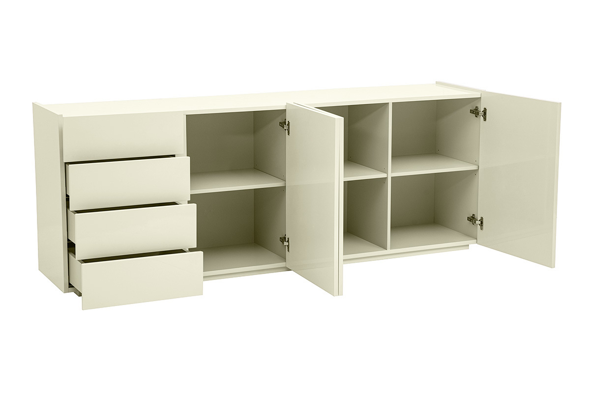 Buffet beige laqu� brillant 3 portes 4 tiroirs L200 cm ISAURE