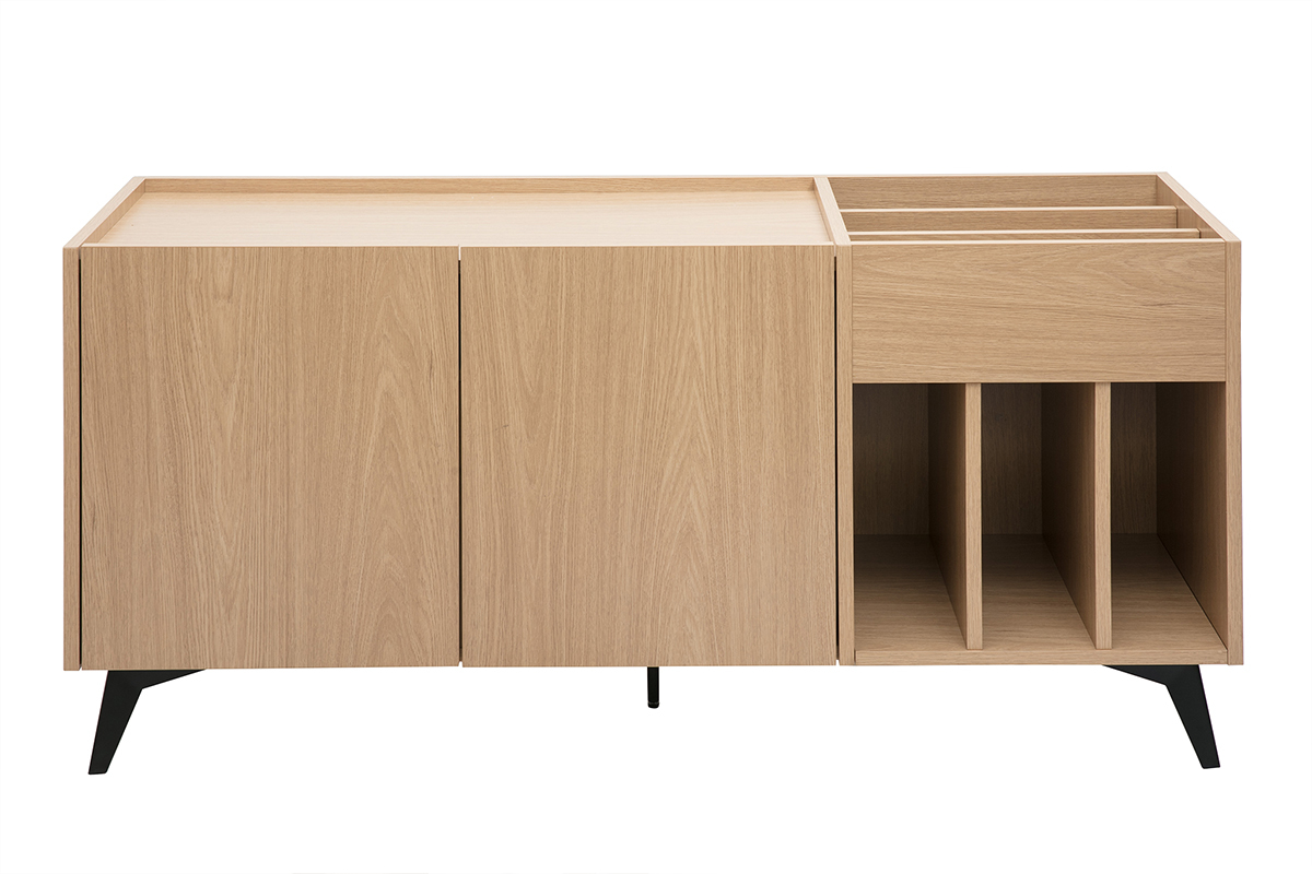 Buffet de rangement vinyles en bois clair finiton chne et mtal noir L140 cm SEDA