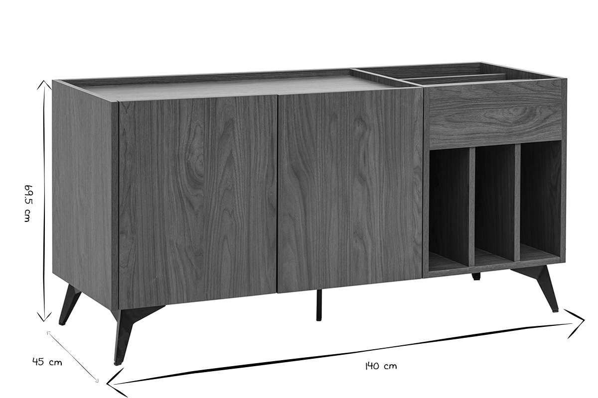 Buffet de rangement vinyles en bois fonc� finiton noyer et m�tal noir L140 cm SEDA