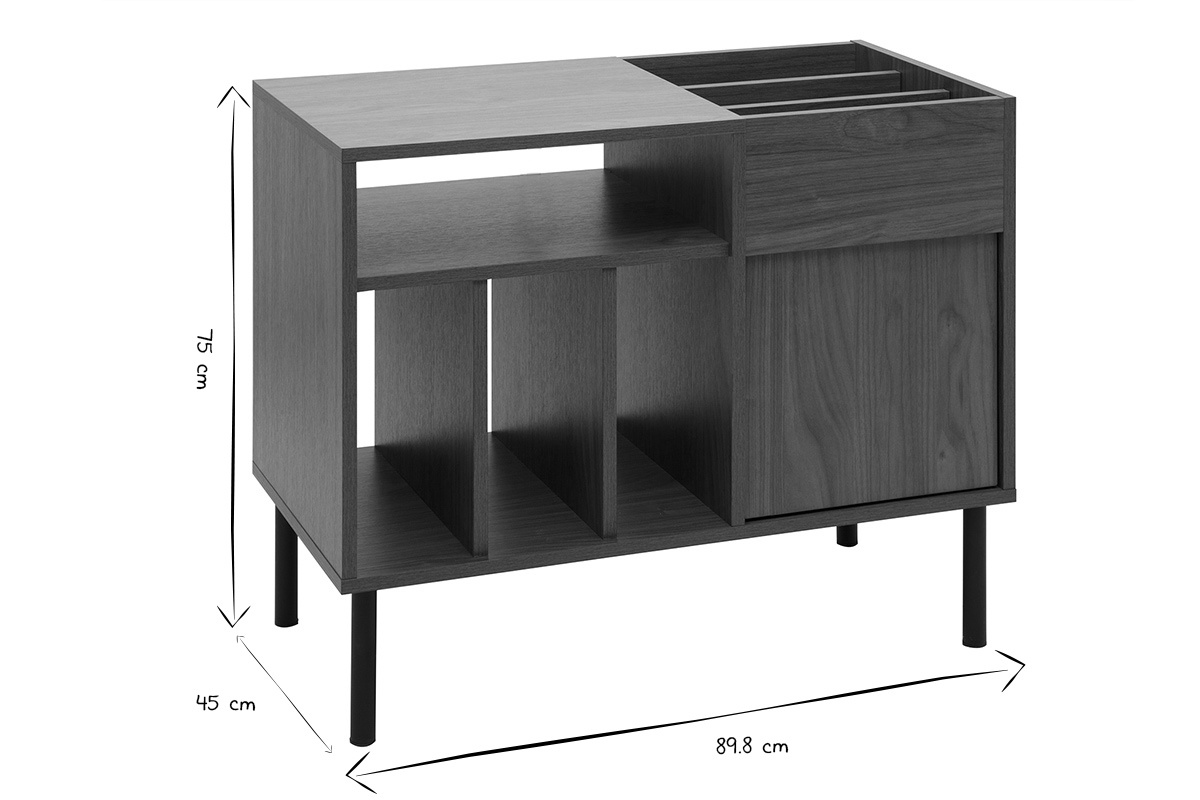 Buffet de rangement vinyles en bois fonc finiton noyer et mtal noir L90 cm KANE