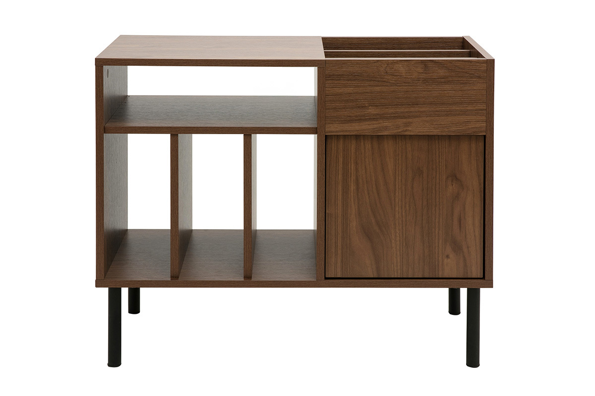 Buffet de rangement vinyles en bois fonc finiton noyer et mtal noir L90 cm KANE