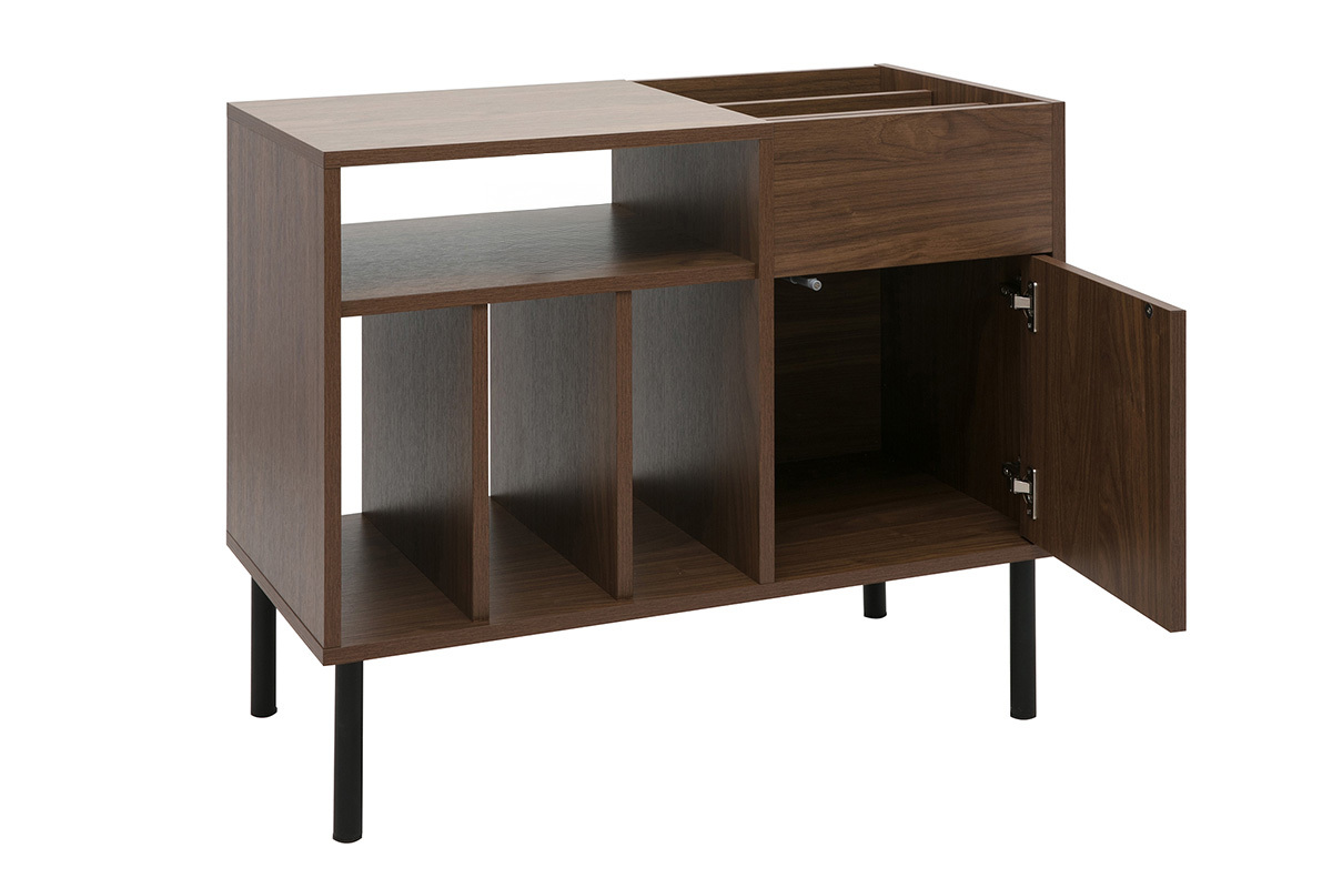 Buffet de rangement vinyles en bois fonc finiton noyer et mtal noir L90 cm KANE