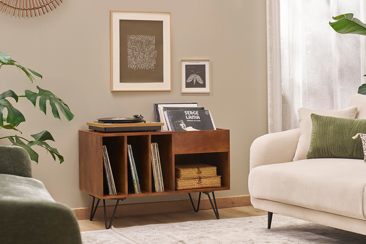 Buffet de rangement vinyles en bois manguier massif et mtal L90 cm BOOGIE