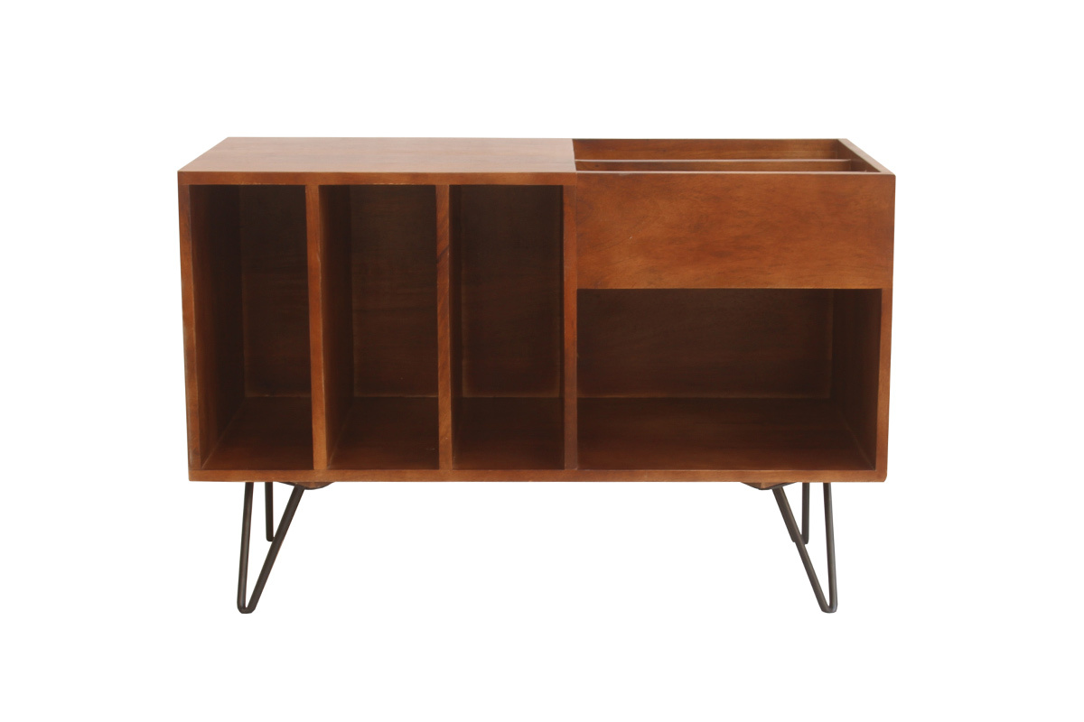Buffet de rangement vinyles en bois manguier massif teint et mtal L90 cm BOOGIE