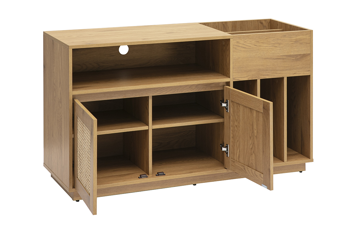Buffet de rangement vinyles finition bois clair ch�ne et cannage rotin L130 cm ALICANTE