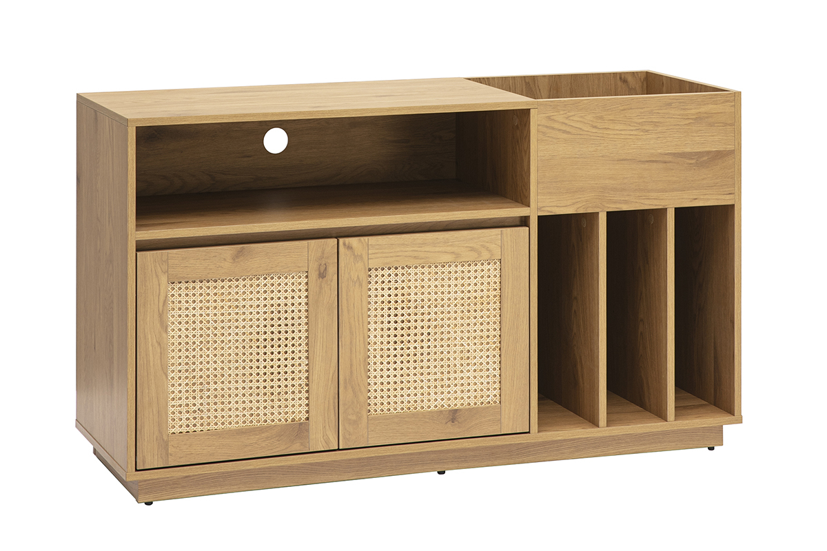 Buffet de rangement vinyles finition bois clair ch�ne et cannage rotin L130 cm ALICANTE