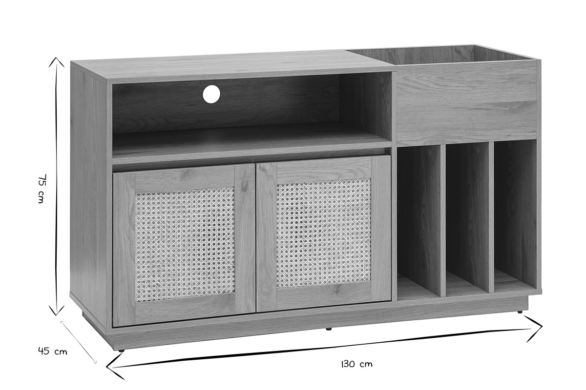 Buffet de rangement vinyles finition bois clair ch�ne et cannage rotin L130 cm ALICANTE