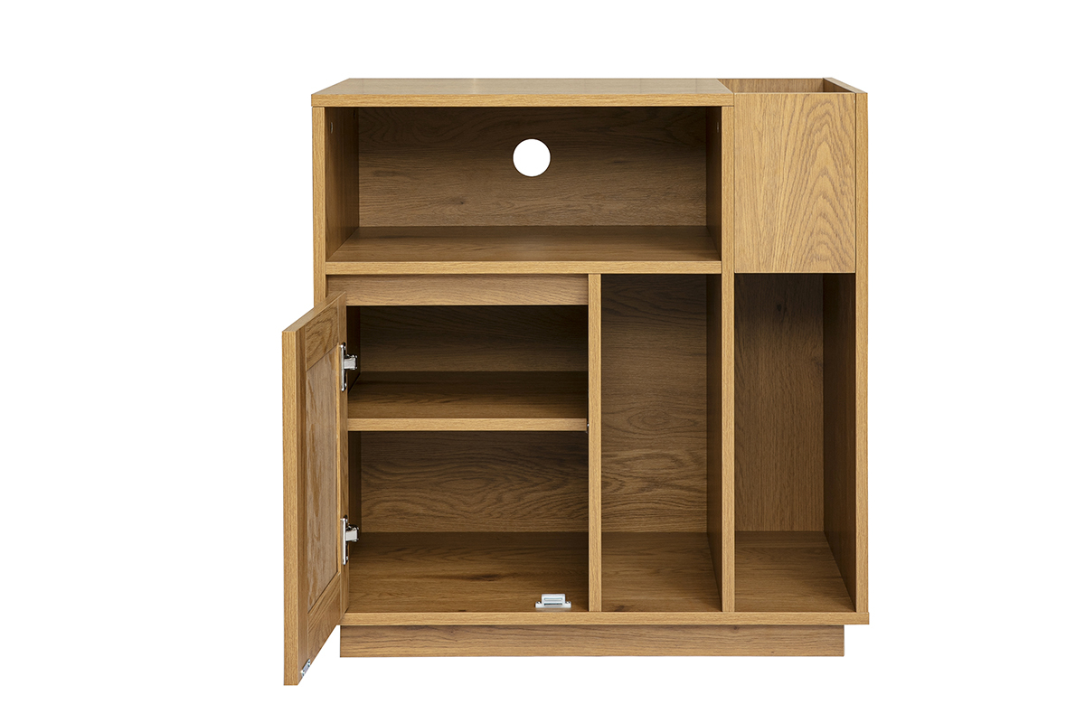 Buffet de rangement vinyles finition bois clair ch�ne et cannage rotin L72 cm ALICANTE