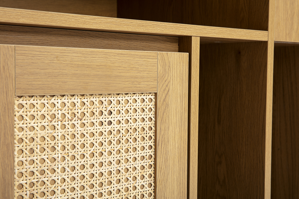 Buffet de rangement vinyles finition bois clair ch�ne et cannage rotin L72 cm ALICANTE