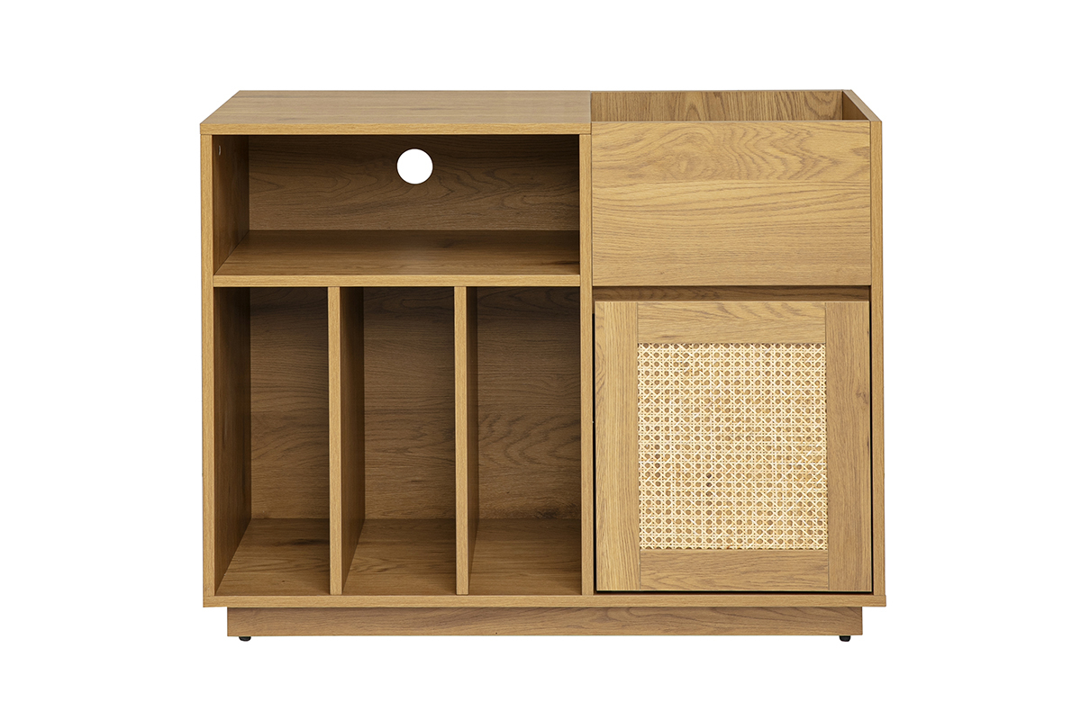 Buffet de rangement vinyles finition bois clair ch�ne et cannage rotin L95 cm ALICANTE
