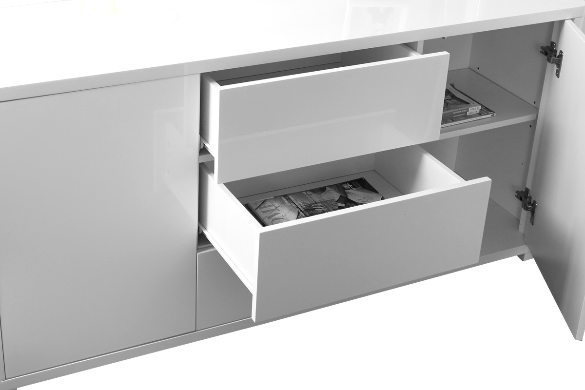 Buffet design blanc laqu brillant 2 portes 3 tiroirs L140 cm PAX