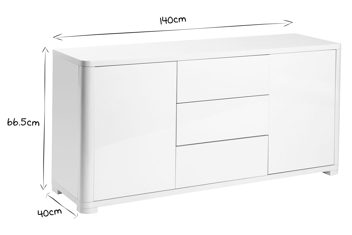 Buffet design blanc laqu brillant 2 portes 3 tiroirs L140 cm PAX