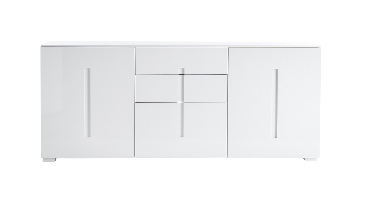 Buffet design blanc laqu brillant 2 portes 3 tiroirs L180 cm TED