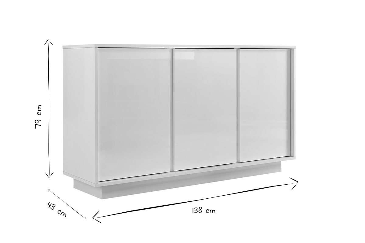 Buffet design blanc laqu brillant 3 portes L138 cm COMO