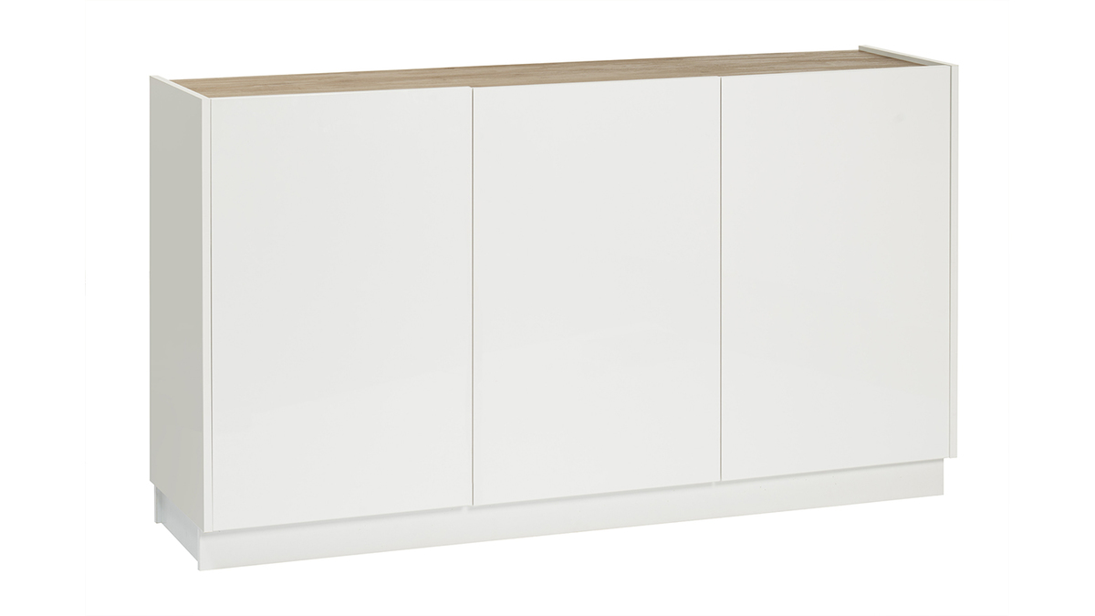 Buffet design blanc laqu brillant et bois clair 3 portes L155 cm NELIO