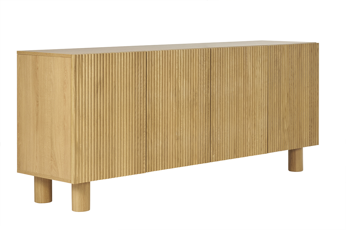 Buffet design en bois clair chêne massif gravé 4 portes L180 cm GOSHI