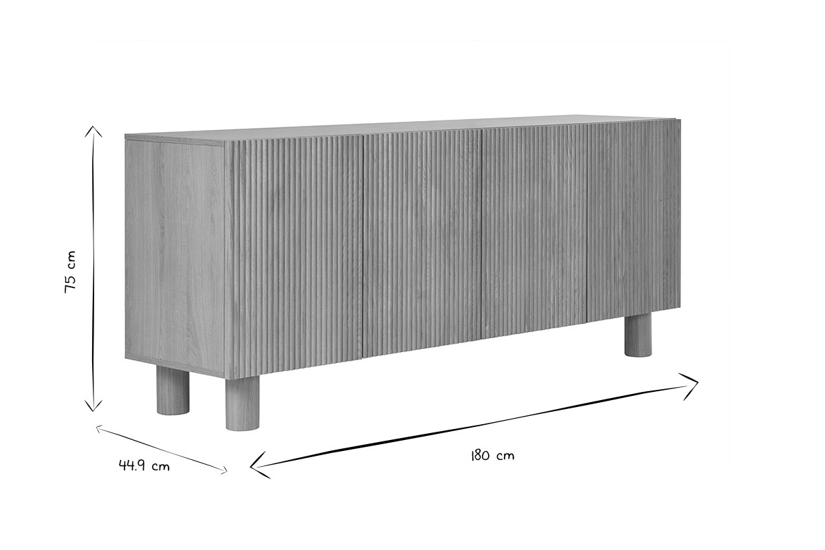 Buffet design en bois clair chêne massif gravé 4 portes L180 cm GOSHI