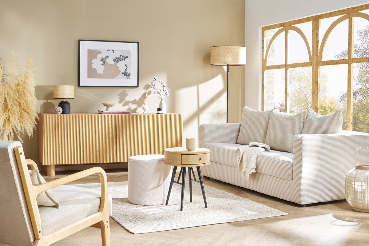 Buffet design en bois clair chêne massif gravé 4 portes L180 cm GOSHI
