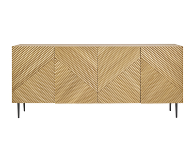 Buffet design en bois clair chêne massif gravé et métal noir 4 portes L180 cm ARCHIPEL
