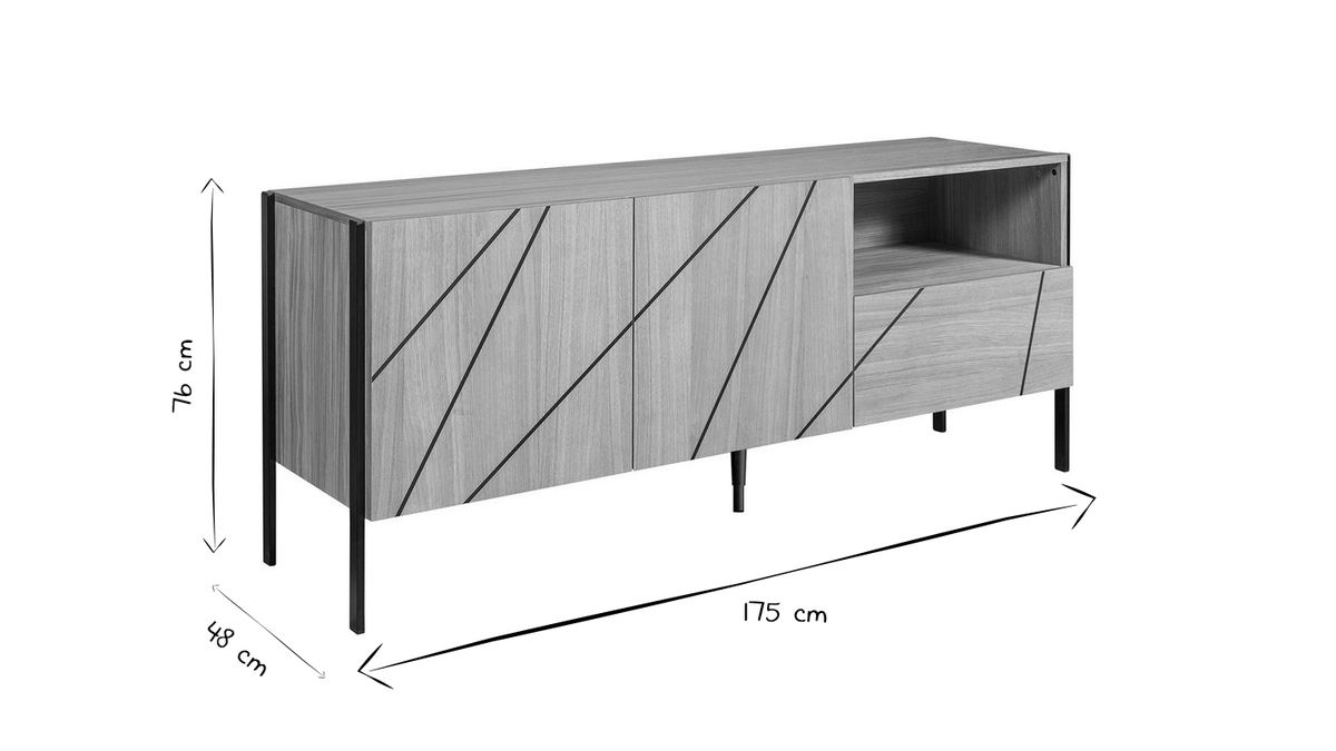 Buffet design en bois clair motif grav et mtal noir 2 portes 1 tiroir L175 cm ICODE