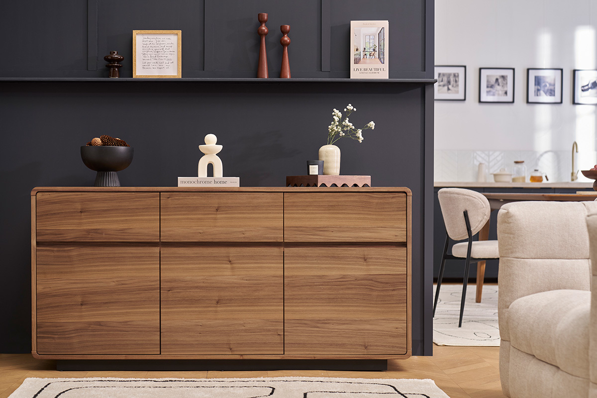 Buffet design en bois fonc noyer 3 portes 3 tiroirs L160 cm JAKO
