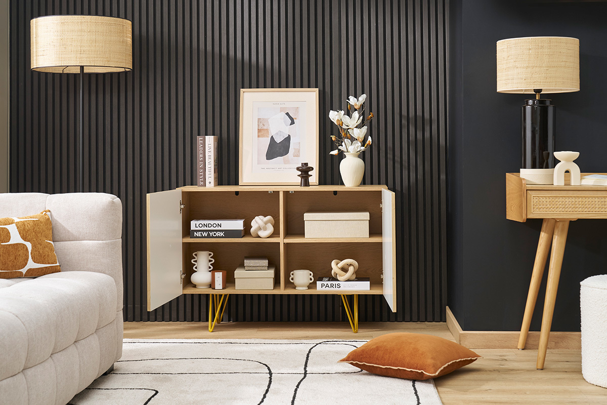 Buffet design grav finition bois clair chne et mtal dor 2 portes L107 cm OZEN