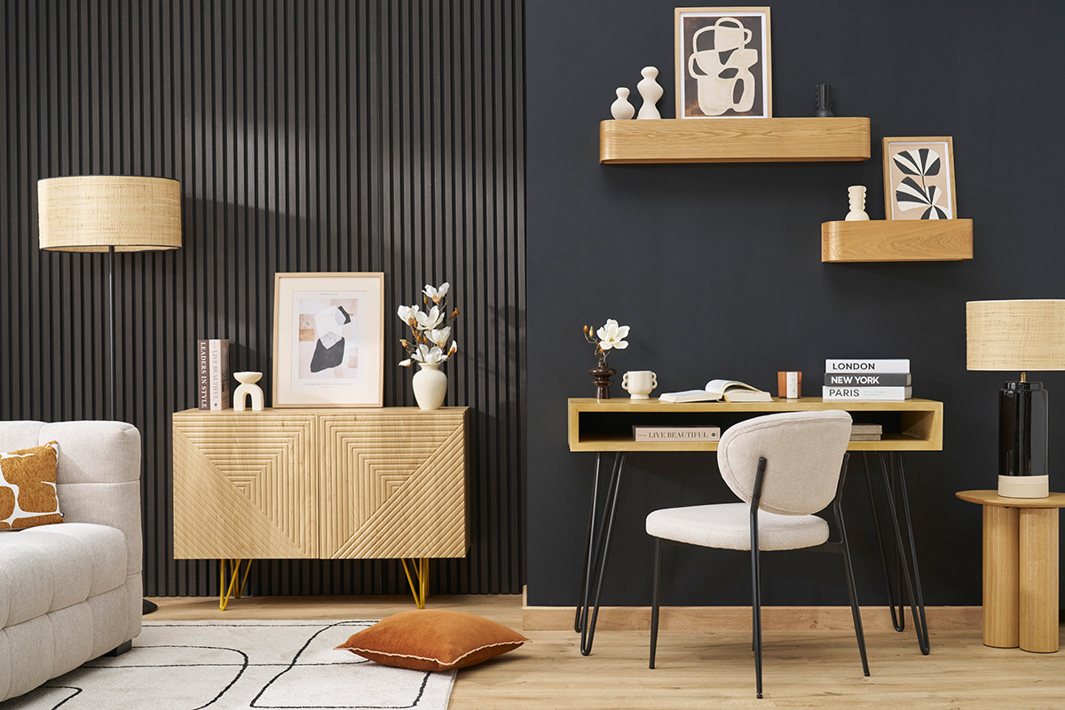 Buffet design grav finition bois clair chne et mtal dor 2 portes L107 cm OZEN