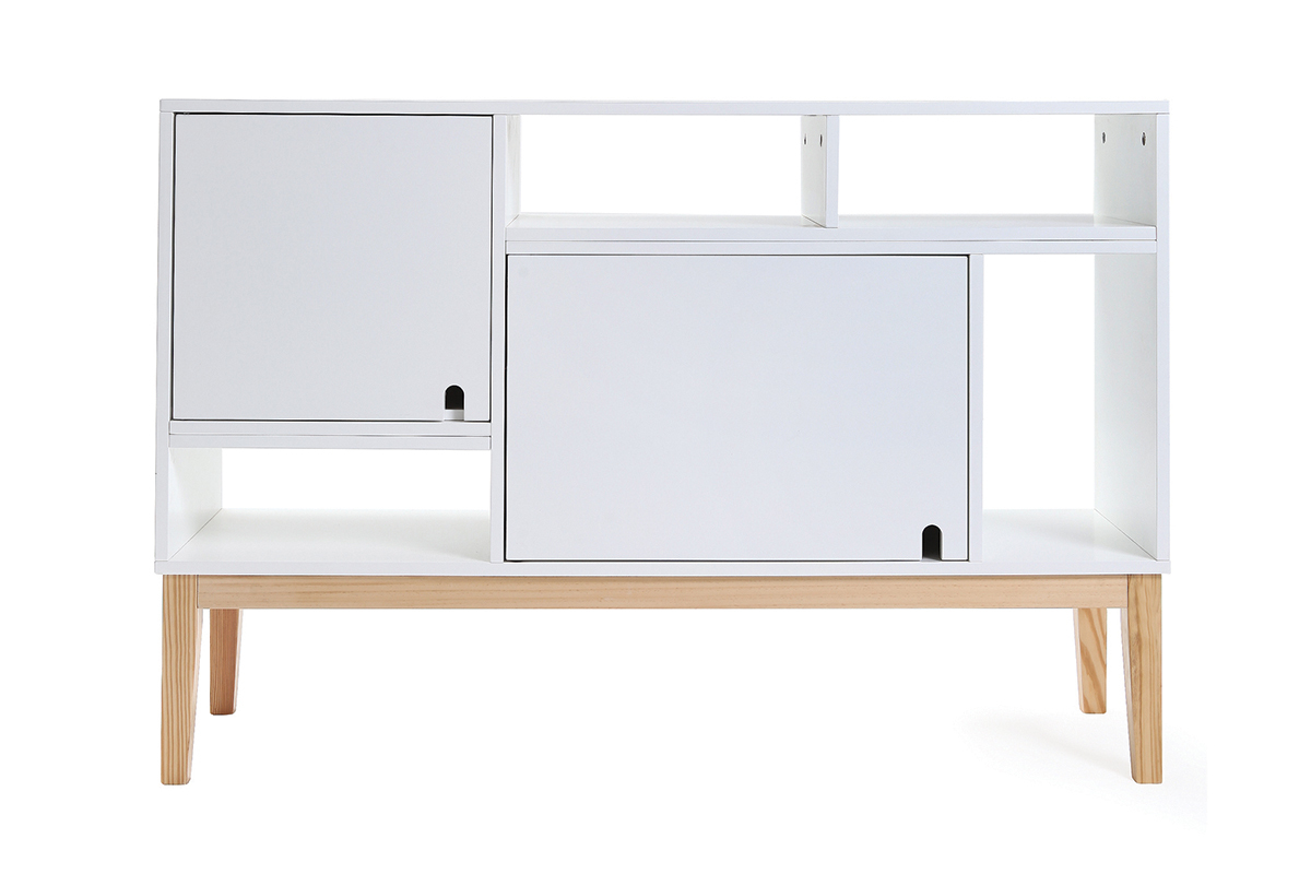 Buffet design laqu� blanc mat et bois SKAL