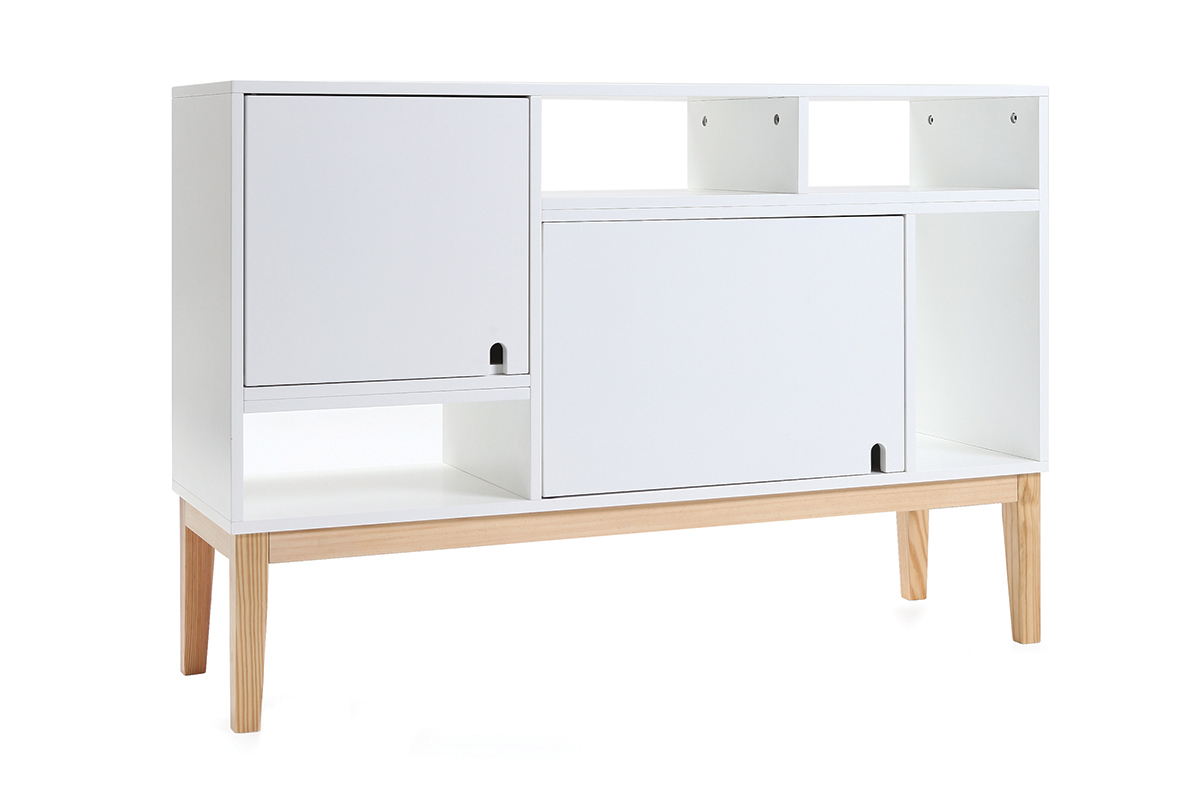 Buffet design laqu� blanc mat et bois SKAL