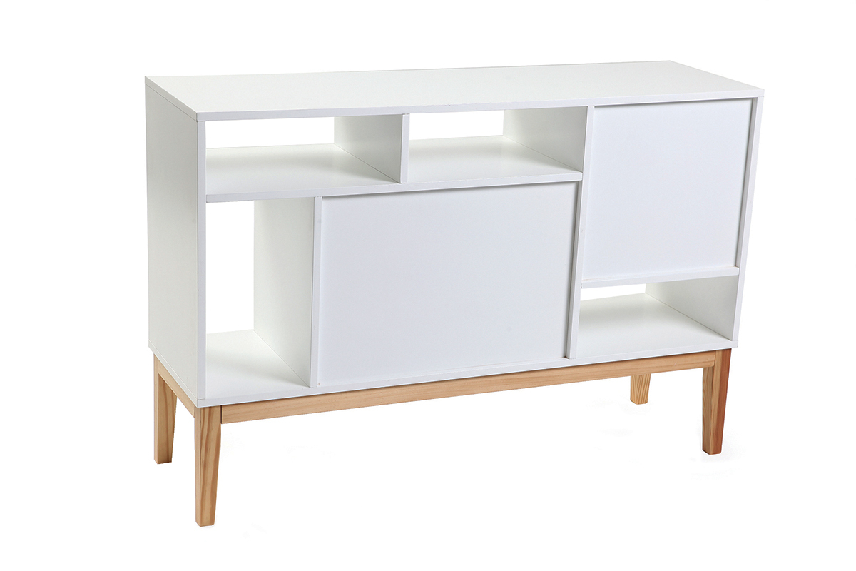 Buffet design laqu� blanc mat et bois SKAL