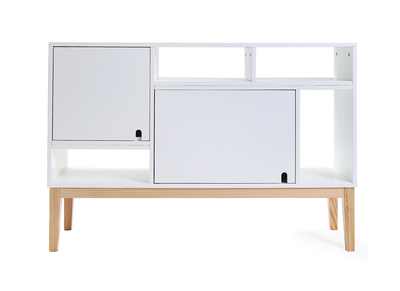 Buffet design laqu&eacute; blanc mat et bois SKAL