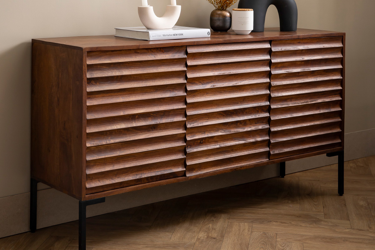 Buffet en bois fonc manguier massif et mtal noir 3 portes L140 cm ONDA