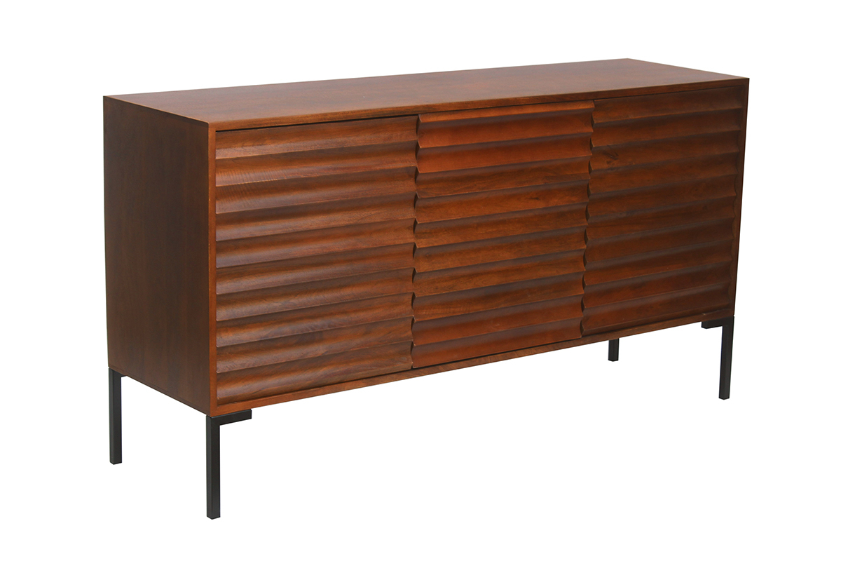 Buffet en bois foncé manguier massif et métal noir 3 portes L140 cm ONDA