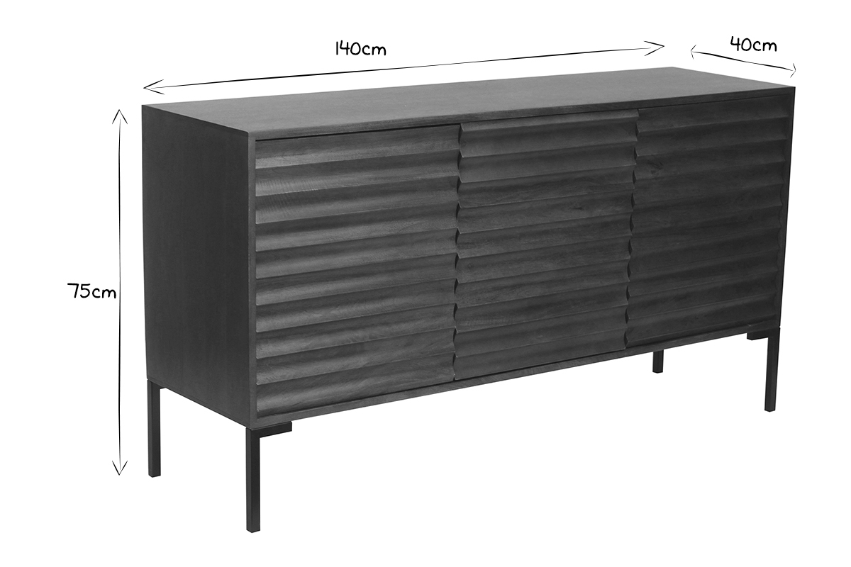 Buffet en bois foncé manguier massif et métal noir 3 portes L140 cm ONDA