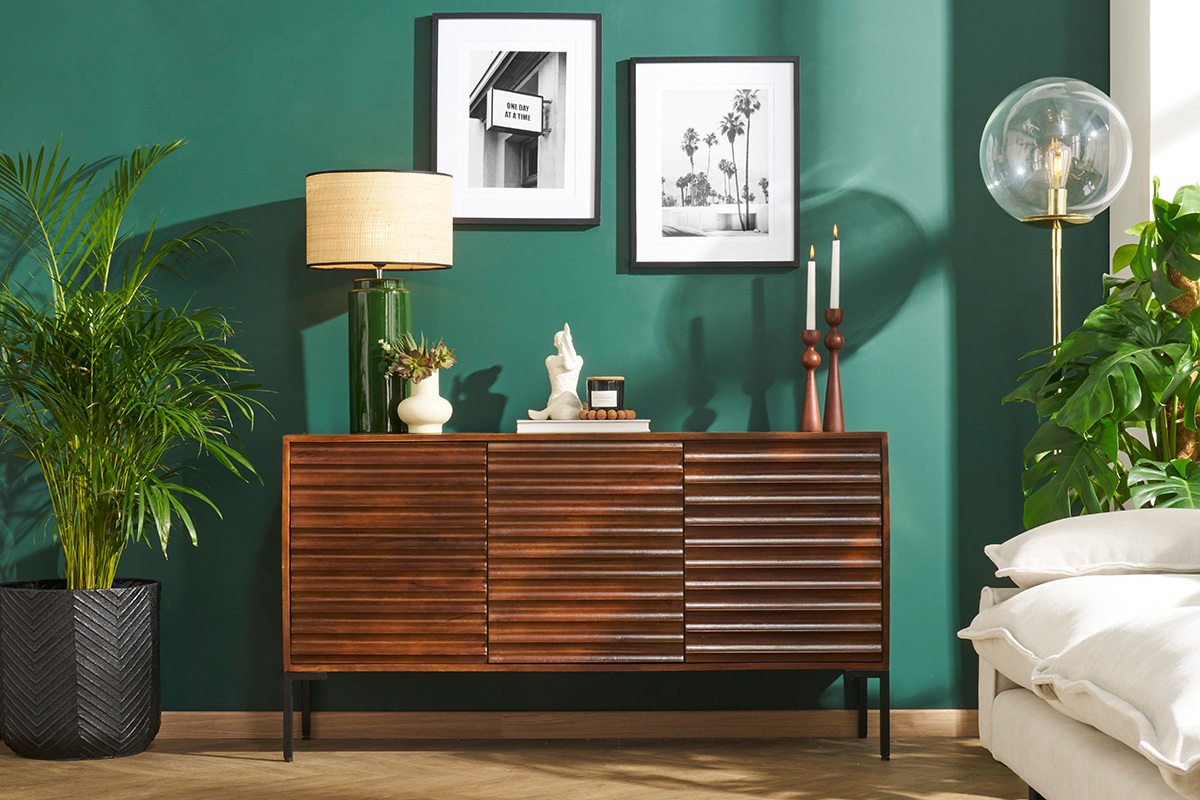 Buffet en bois foncé manguier massif et métal noir 3 portes L140 cm ONDA