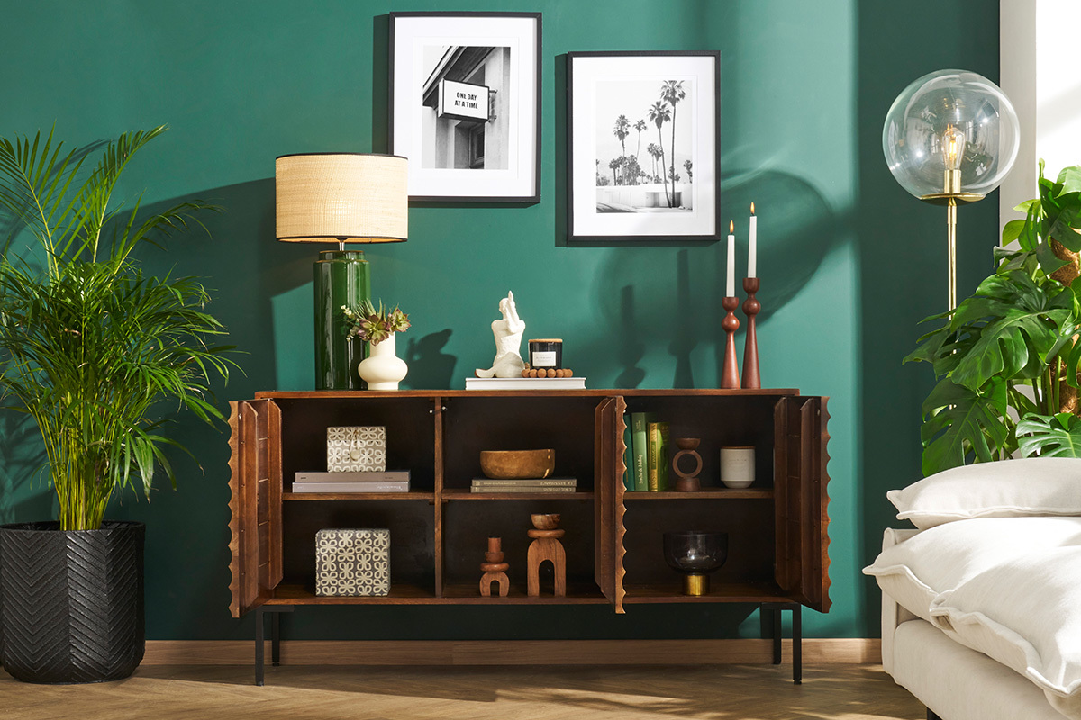 Buffet en bois foncé manguier massif et métal noir 3 portes L140 cm ONDA